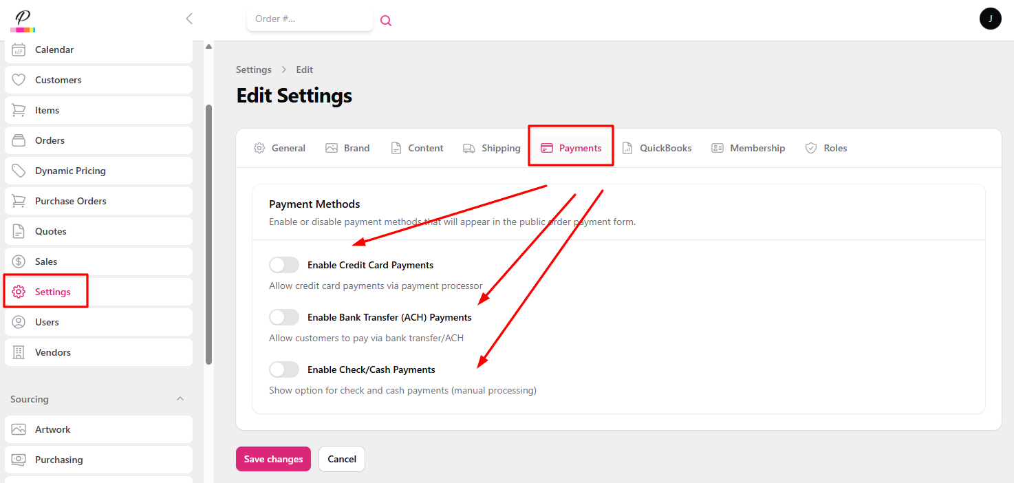 Payment settings interface showing ACH and credit card options